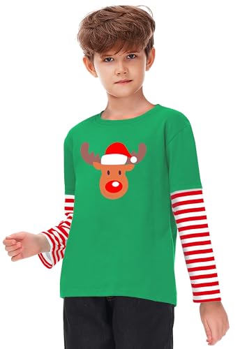 Image of Remimi Unisex Kids Christmas Long Sleeve Shirt Xmas Print Stripe Shirts 2-12 Years