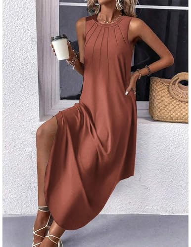 Image of Zeagoo Women Floral Summer Casual Beach Printed Tank Dress with Pockets Pleated Front Long Dress