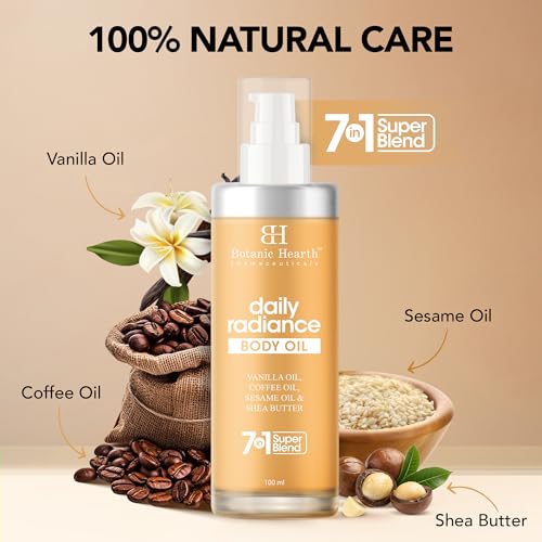 Image of Botanic Hearth Daily Radiance Body Oil for Glowing Skin with Vanilla, Coffee & Sesame Oil | Deep Moisturizing After Bath Body Massage Oil for Women & Men | 100ml