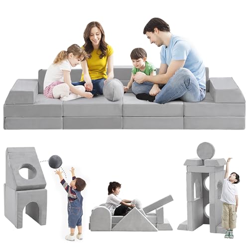 22Pcs Modular Kids Play Couch, 1000+DIY Creativing Playroom Furniture for Kids, Toddler Couch, Convertible Foam and Floor Cushion for Boys and Girls,Light Grey