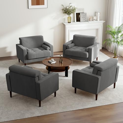 Image of Accent Chairs Set of 2, Corduroy Fabric Upholstered Armchair for Living Room, Comfy Arm Chair Single Sofa Bedroom Reading Seat with Solid Wood Legs - Grey