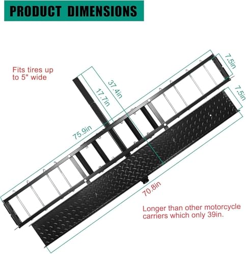 OUTPRIZE Motorcycle Hitch Carrier 600LBS, Heavy Duty Integrated Dirt Bike Hitch Hauler with 6FT Longest Ramp, Ramp Lock, 4 Ratchet Straps, 2\" Receiver, 7.5\" Wide Tire - Thumbnail 2