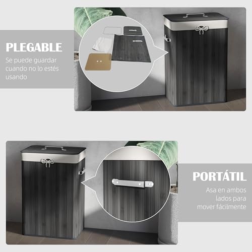 Miniatura 3 de Homcom Cesto De Ropa Sucia Plegable Con Tapa, Cesta Ropa Sucia De Bambú, 2 Compartimentos, Bolsa Extraíble, Para Dormitorio, Baño, Lavandería, 40x30x60 Cm, Gris Oscuro