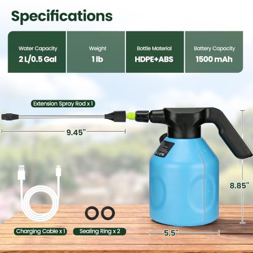 TaroKitc Electric Spray Bottle 2L/0.5 Gallon, 3 Speed Adjustable Battery Powered Garden Sprayer, Rechargeable Automatic Plant Mister with Adjustable Nozzle for Indoor/Outdoor Plants by TaroKitc - Used condition - Image 6