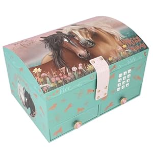 Depesche 13612 Miss Melody - Großes Schmuckkästchen in Türkis und Rosa, mit Pferde Motiv und roségoldenem Muster, Schmuckbox mit Code, Sound und Spiegel