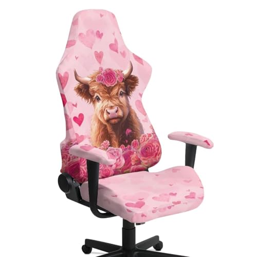 Fiqyvagox 4 fundas para sillas de videojuegos con diseño de corazón rosa y vaca de las tierras altas, a prueba de arañazos, protector de silla giratoria con reposabrazos, funda suave para silla de