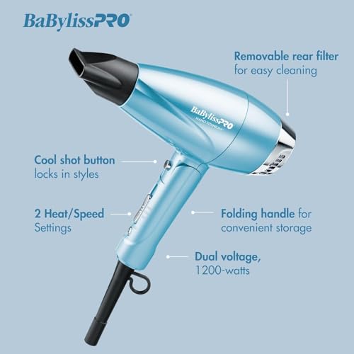 BaBylissPRO Nano Titanium Ionic Compact Full Power Hairdryer with Dual Voltage and Folding Handle