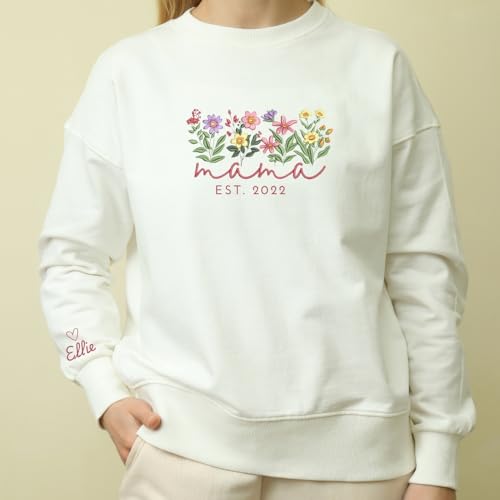 Personalized Floral Embroidered Mama Sweatshirt, Custom Gift for Mom, Elegant Spring Flower Mom Sweater, Floral Mama Crewneck Pullover Multi2
