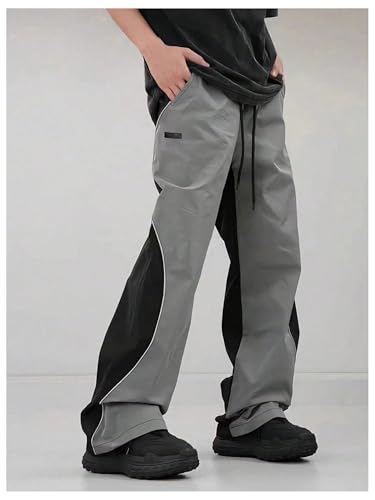 OYOANGLE Men's Color Block Cargo Pants Drawstring Waist Parachute Trousers Streetwear3