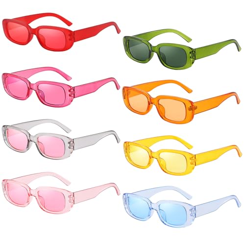 Matcheck 8 Pack Retro Rectangle Sunglasses Women Girls Vintage Square Eyewear Classic Transparent Color Narrow Frame Fashion Glasses
