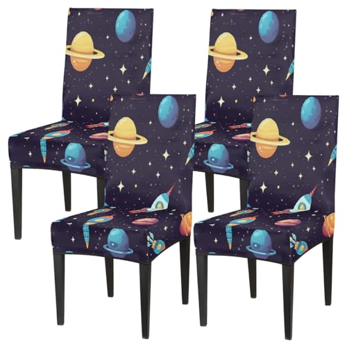 Mexpekil Juego de 4 fundas elásticas para sillas de comedor, diseño de cohetes espaciales, planeta, con respaldo alto, elásticas, lavables, para derrames, mascotas, manchas, cocina, hotel, fiesta