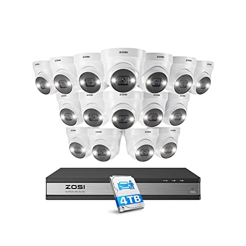 ZOSI 4K Kit Cámaras de Vigilancia PoE con Detección de Persona/Vehículo, 16CH 8MP NVR con 16pcs 5MP CCTV Cámara de Seguridad IP Exterior, Visión Nocturna en Color, 4TB HDD Incluido 16x 5MP C