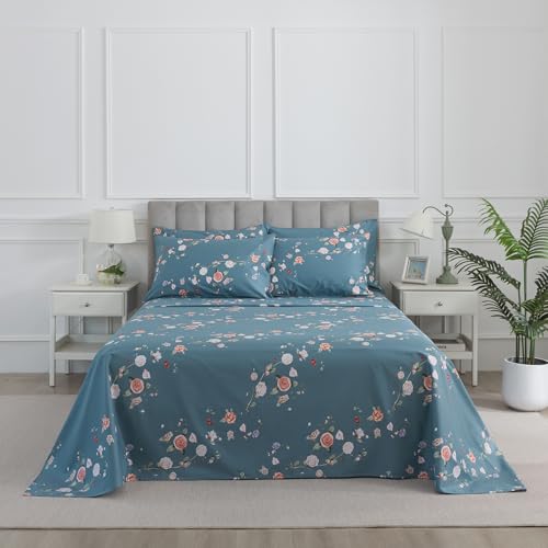 Floral Percale Queen Bed Sheet Set Light Blue