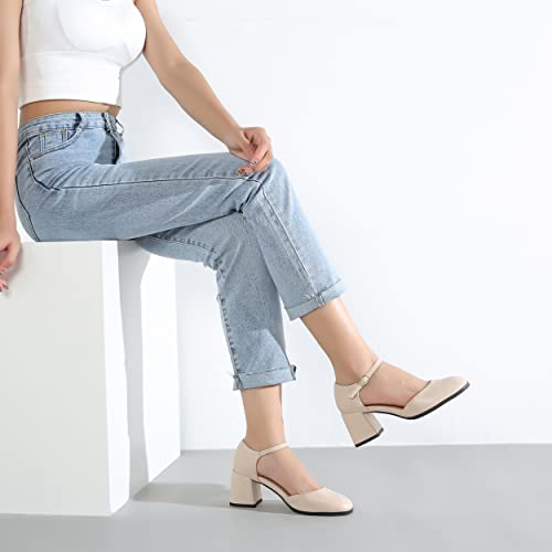 Enelauge Women's Closed Round Toe Low Chunky Block Heels Pumps Ankle Strap D'orsay Sandals Dress Party Shoes Nude Matte 39-7.5Us #TOP1
