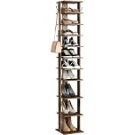 HOME BI 11-Tier Vertical Shoe Rack, Corner Shoe Tower, Slim Shoe Organizer with Two Hanging Hooks, Wooden Shoe Storage Stand for Entryway, Hallway, Closet, Rustic Brown
