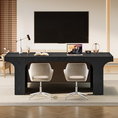 Image of Tribesigns 70.87 inch Executive Office Desk, Large Workspace Computer Desk, Modern Wooden Writing Table Simple Business Furniture with Arched Design for Home Office, Sturdy Room, Black