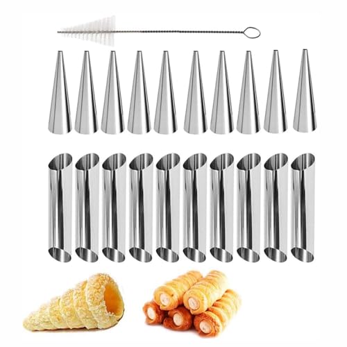 LSRVNM 21 Pièces Cannoli Moule Set, Avec Brosse de Nettoyage, Moules à Cornets en Acier Inoxydable, Crème Conique Spirale, pour Boulettes de Crêpes, Croissants, Pâte Feuilletée, Crème Glacée