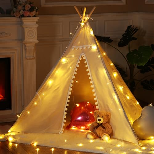 Windyun 4 Pcs Teepee Tent for Kids with Lights Cotton Linen Kid Sleepover Tent Foldable Sleepover Party Supplies for Girls Boys Toddler Slumber Party Indoor Outdoor(Beige,White) - Thumbnail 3