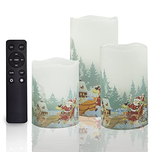 Image of CANDLE CHOICE Christmas Flameless Candles with Remote Timer Real Wax Realistic Flickering Battery Operated Electric LED Pillars with Decals Santa Claus Reindeer Snowman Xmas Tree Decorations 3 Pack
