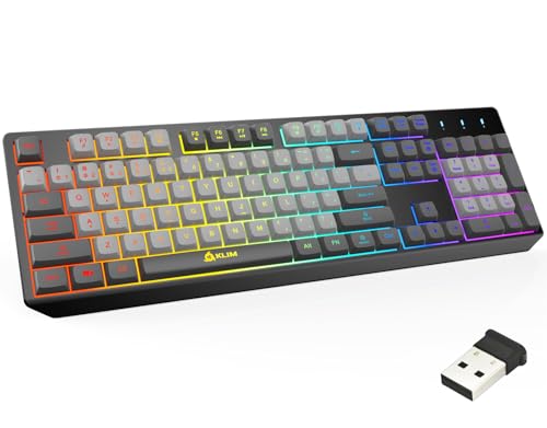 KLIM Chroma Wireless Gaming Keyboard RGB - Backlit Wireless Keyboard - Long-Lasting Rechargeable Battery - Quiet Water Resistant Ergonomic Keyboard - Teclado Gamer - PC PS5 PS4 Mac - Gray/Black