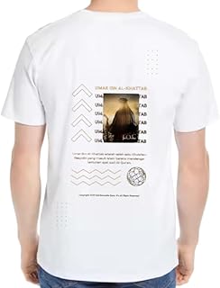 تيشرت ابيض كبير الحجم للشباب بطباعة فنية خلفية مقاس كبير 55 عمر بن الخطاب