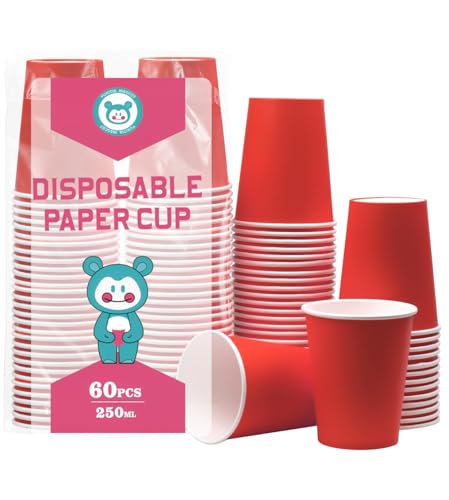 Yuxitia Lot de 60 gobelets jetables en carton, rouge, pour bricoleurs, mariage, fête, pique-nique, barbecue, voyage et événements, 237 ml, Rouge