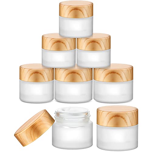 Remerry 6 Pieces Glass Cosmetic Containers Empty Sample Jars with Bamboo Wood Leakproof Lids Makeup Sample Containers Cosmetic Empty Jar for Lotion Cream Cosmetic (5g, 10g, 15g, 20g, 30g)