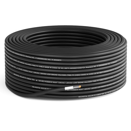 HB-DIGITAL 50m Solarkabel 4mm² H1Z2Z2-K TÜV Rheinland geprüft UV-beständig flexibel PV Kabel Reines Kupfer 1500V Verlängerungskabel Photovoltaik für Solarpanel Laderegler schwarz