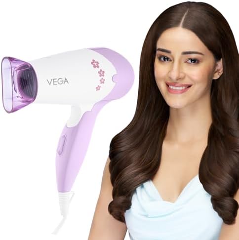 VEGA Insta Glam Foldable 1000-1200Watts Hair Dryer for Men & Women, 2 Heat & 1 Speed Settings (Low & High), Perfect Blow Dry & Style, Compact Hair Dryer for Travel & Home Use (VHDH-20) Made In India