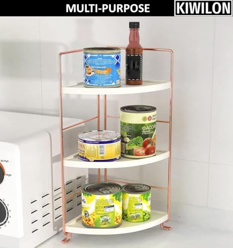 Image of Kitchen Organizer Rack | Corner Shelf For Kitchen | Bathroom Organiser Stand With 3-Tier Metal Frame For Storage & Display (RoseGold-3Tier-Triangle)