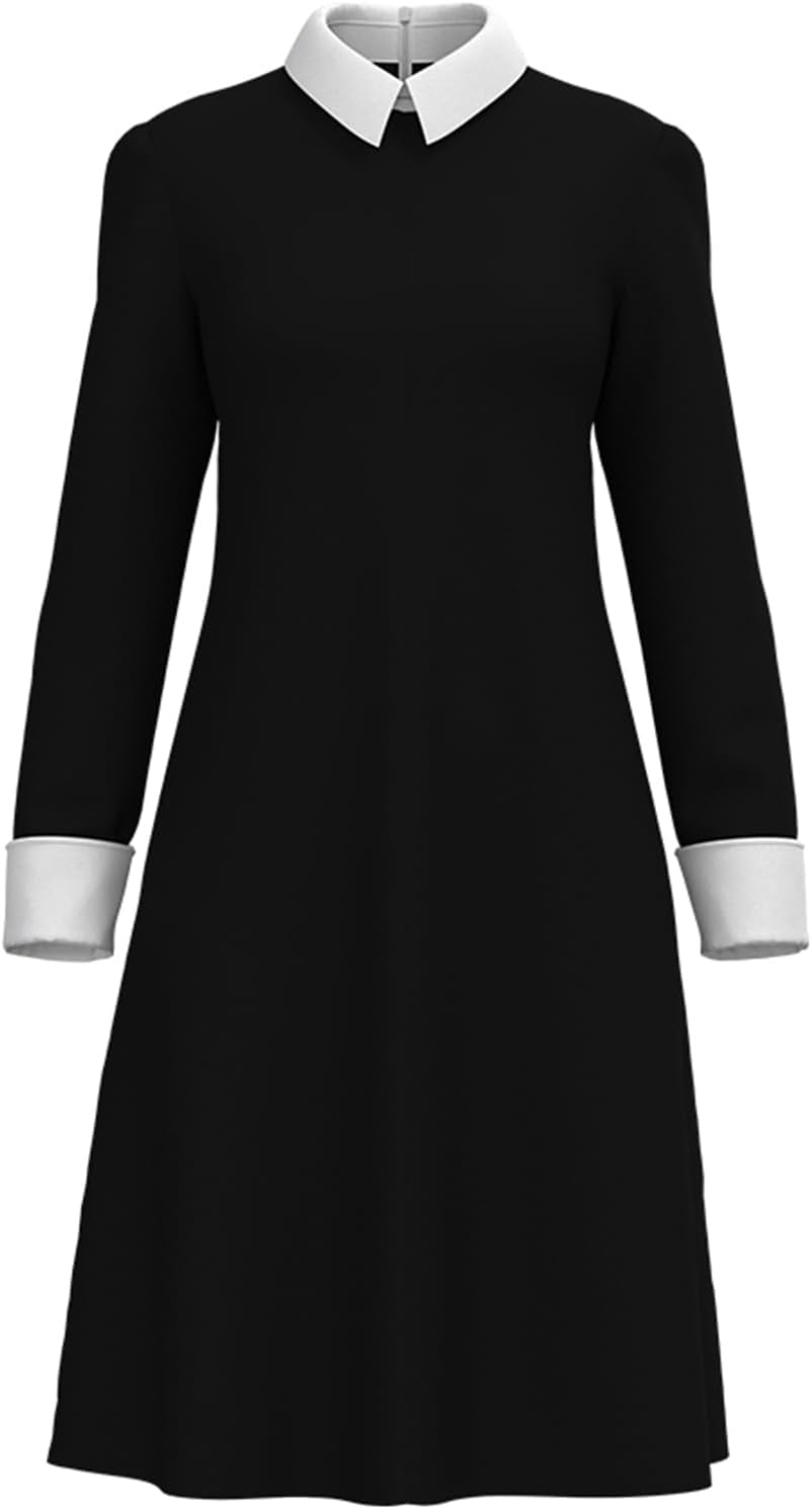 Halloween Costumes for Women White Collar Long Sleeve A-Line Black Dress, Black Costume with Socks