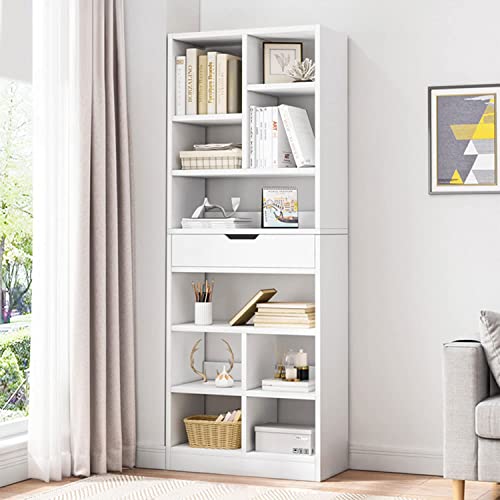 Iotxy Wooden Open Shelf Bookcase - 71 Inches Tall Freestanding Display Storage Cabinet Organizer With 10 Cubes And A Drawer, Floor Standing Bookshelf In Warm White #TOP1