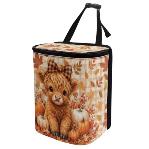Image of Talayituse Fall Highland Cow Pumpkin Print Car Trash Can Portable Auto Garbage Bin Multifunctional Vehicle Interior Accessories with Adjustable Straps Universal Fit Truck SUV Sedan Autumn Decor