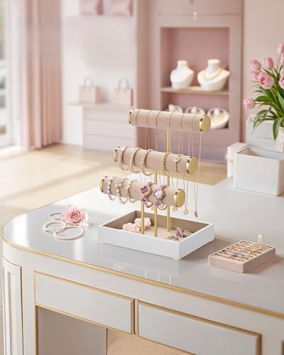 SONGMICS Schmuckhalter, Schmuckständer, 3 Armbandhalter, Schmuck-Organizer, mit Tablett aus Samt, abnehmbarer Ringhalter, wolkenweiß-kamelbraun JJS027A01