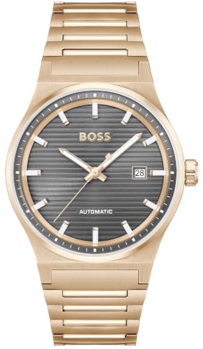 Image of BOSS Candor Auto Mech-Automatic Grey Round Dial Men's Watch|Ionic Plated Rose Gold Steel Material|Rose Gold Color Band - 1514185