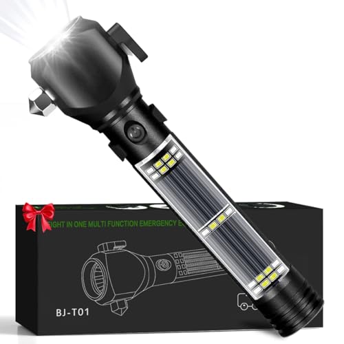 Rechargeable Solar Powered Flashlight,Multi Function LED Tactical Flashlight with Glass Breaker,Seatbelt Cutter,Alarm and Phone Charger,Powerful Handheld Flashlights for Emergencies Camping