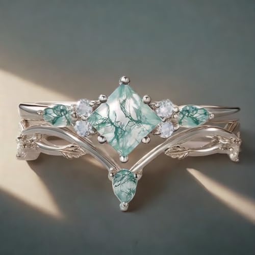 Moss Agate Wedding Ring Set S925 Sterling Silver 10K/14K/18K Gold Personalized Unique Engagement Moss Agate Ring Set Moss Agate Jewelry for Women Wife(White/Black)3