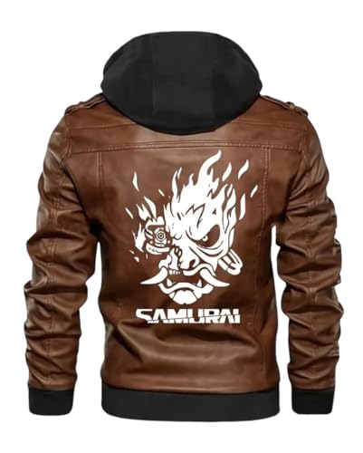 Mens Darker Future Cyberr-Punk Halloween Samurai Real Leather Bomber Jacket with Hood - Gaming Cosplay