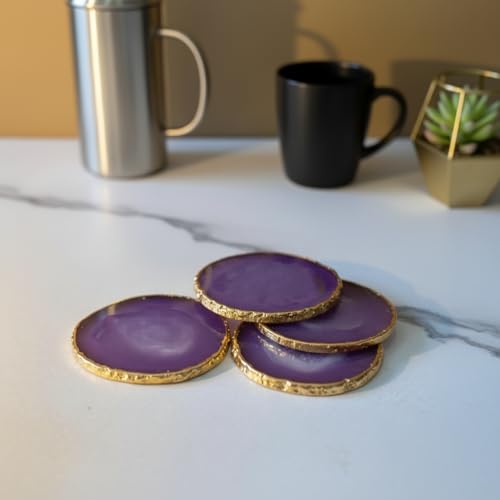 Image of Natural Agate Stone Tea Coasters Set | Premium Stone Coasters for Tea, Coffee & Glass | Heat Resistant Coasters for Dining Table, Office Desk & Home Decor | Pack of 4 | Color -Purple
