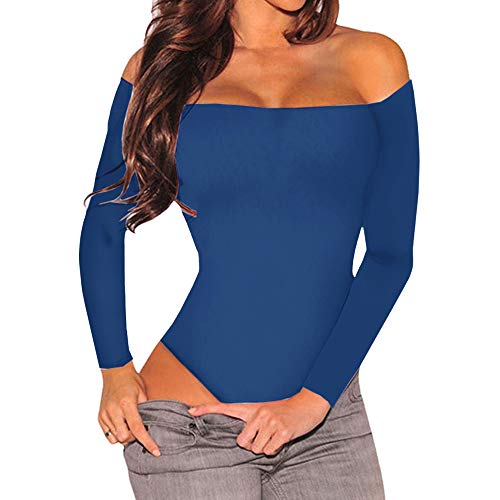 Women's Sexy Off Shoulder Long Sleeve Bodycon Bodysuit Leotard Jumpsuit Tops (X-Large, Blue)