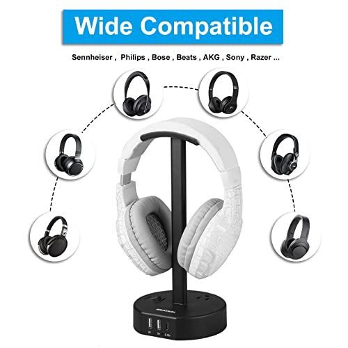 Zexdok Headphone Stand Headset Holder Usb Charger Station Circular Base Power Strip With 2 Outlets, 3 Usb (2A+1C) Aluminum Supporting Bar Suitable For Gamers Gaming Desk Accessories #TOP6
