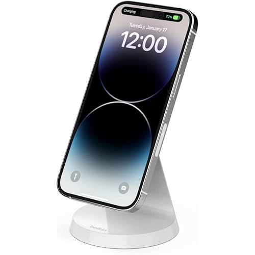 Belkin Magnetic Wireless Charger Stand - MagSafe Charger Compatible - Magnetic iPhone Charger - Wireless Charger - Works w/ Apple iPhone 14, iPhone 13 & iPhone 12 - Power Supply Not Included - White