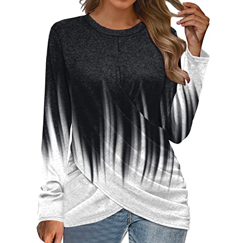 T-Shirt Damen Langarmshirt Rundhals Oberteile Dünne Taille Twist-Front Sportoberteil Casual Lose Tshirt Langen Ärmeln Shirts Basic Baumwolle Tunika Bluse Tops Tunika Langarm Pullover (O-I, M) Cover