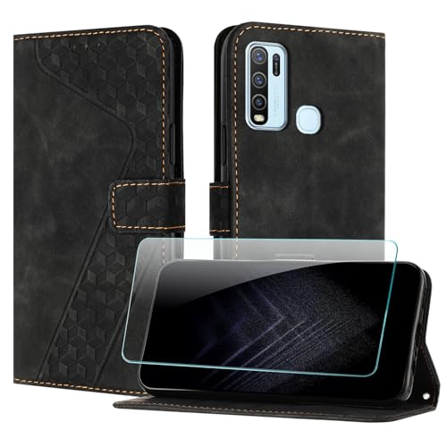 JayModHülle Handyhülle für Vivo Y30 4G mit Schutzfolie, Flip Wallet PU Leder Vivo Y30 4G hülle [Kartenfach] [Magnet] [Ständer] 360 Stoßfeste Schutzhülle - Schwarz