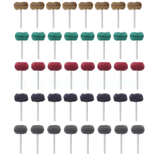 TopHomer 40 Packs Polishing Heads, Fiber, Mini Scouring Pad Brush Polishing Kit, Abrasive Buffing Polishing Wheel Set for Rotary Tool, for Deburring (Yellow, Green, Red, Black, Gray)