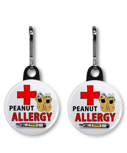 PEANUT ALLERGY EPIPEN Medical Alert Pair of 1 inch Black Zipper Pull Charms