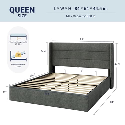 Image of Allewie Queen Size Lift Up Storage Bed, Modern Wingback Headboard, Hydraulic Support, No Box Spring Needed, Dark Grey