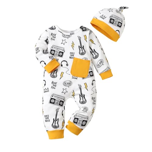 Image of KIMI BEAR Newborn Baby Boy Clothes Fall Winter Cute Infant Outfits Long Sleeve Newborn Baby Romper Hat Bodysuit Jumpsuits