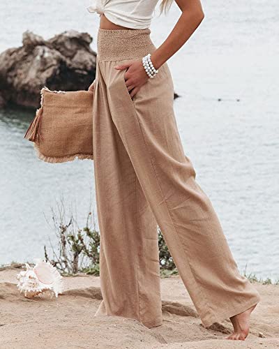Women Linen Pants Elastic High Waist Wide Leg Palazzo Lounge Pants Casual Loose Beach Pants with Pockets3
