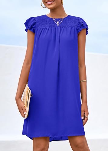 Image of KIRUNDO Spring Dresses for Women 2024 Casual Ruffle Sleeve Crew Neck Mini Tunic Shift Dress Cute Summer Flowy Chiffon Dresses(Royal Blue, Medium)